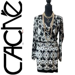 Cache Vintage black geometric jewel print drop waist drape dress.‎ Size small
